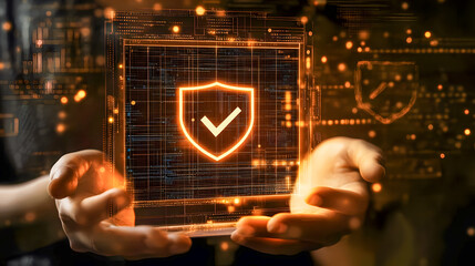 Poster - Hands Holding Digital Shield with Checkmark Symbolizing Cybersecurity and Online Protection in a Futuristic Technology Environment