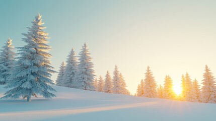 Wall Mural - Soft dawn light casts a warm glow across a snowy expanse, highlighting frosted trees in a peaceful winter scene