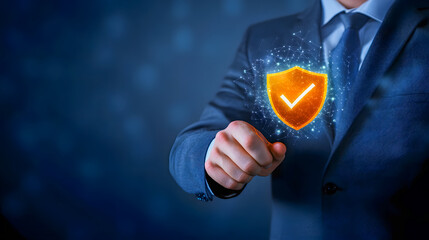 Poster - Businessman in Suit Holding Digital Shield Symbol of Security and Protection Against Cyber Threats in Modern Technology Background
