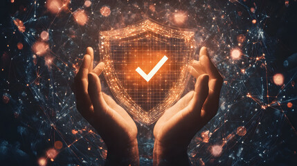 Poster - Hands Holding Digital Shield Symbolizing Data Security with Checkmark for Cyber Protection and Privacy Assurance in Modern Technology Environment