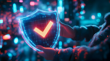 Poster - Futuristic digital shield with checkmark symbol, representing security, protection, technology, and data privacy in cyber world concept