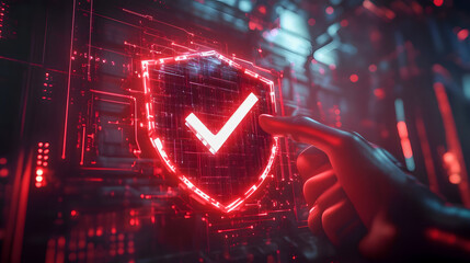 Poster - Futuristic Cybersecurity Shield with Checkmark, Hand Interacting with Digital Interface, Red and Black Color Scheme, Data Protection Concept