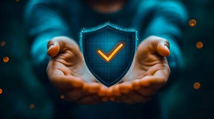 Poster - Hands Holding a Digital Shield Symbolizing Security and Protection with Check Mark Against a Blurred Background