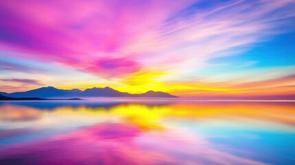 Wall Mural - serene lake reflects a vibrant sunset, creating a stunning display of colors with distant mountains 