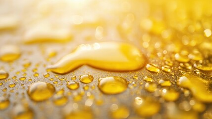 Poster - Yellow oil droplets glisten as they rest on a smooth surface, capturing light and creating a vibrant visual effect