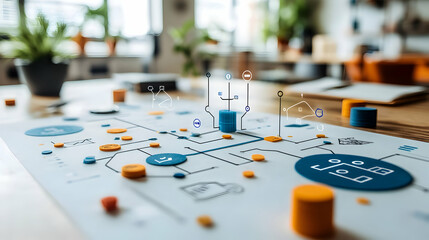 Poster - A detailed diagram illustrating a network or system with various colored tokens and icons.