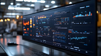 Poster - A modern monitor displaying data analytics and visualizations in an industrial setting.