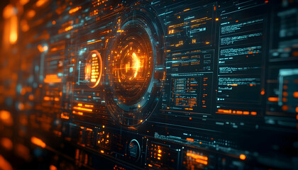Poster - Abstract digital interface with glowing elements and data displays.