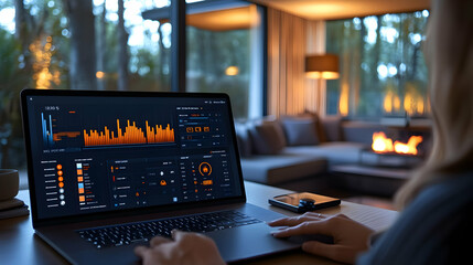 Poster - A person using a laptop displaying data analytics in a cozy, modern living space.