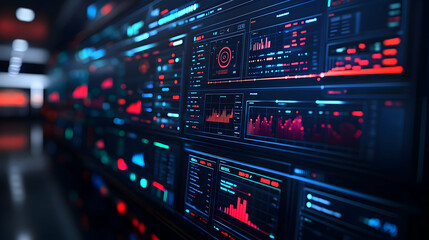 Poster - A futuristic display of data analytics and visualizations on digital screens.