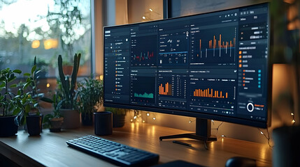 Poster - A modern workspace featuring a large monitor displaying data analytics and graphs.