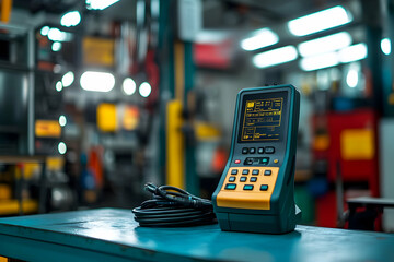 Poster - A digital testing device on a workbench in an industrial setting.