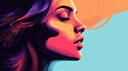 Wall Mural - Vibrant profile portrait of a woman with flowing hair, rendered in bold colors and dynamic lines.