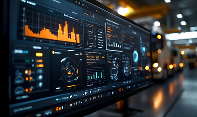 Poster - A digital dashboard displaying data analytics and metrics in an industrial setting.