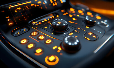 Poster - A close-up of a car's dashboard controls illuminated in orange light.