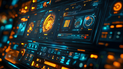 Aufkleber - Futuristic control panel with vibrant displays and data visualizations.