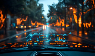 Poster - A futuristic dashboard view with a holographic map overlay on a city street.