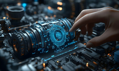 Poster - A futuristic hand interacts with a high-tech device in a complex electronic environment.