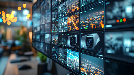 Poster - A close-up of a digital monitoring display showing various cityscapes and surveillance feeds.