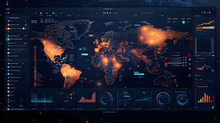 Poster - A digital dashboard displaying global data visualizations and analytics.