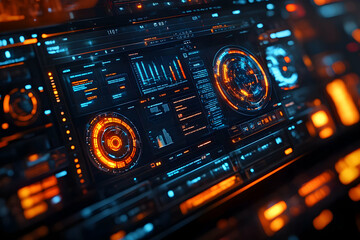 Poster - futuristic dashboard displaying data analytics with glowing elements.
