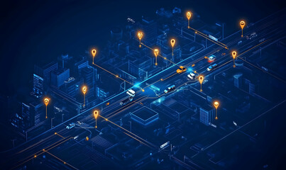 Poster - A digital cityscape with vehicles and location markers, representing smart transportation.
