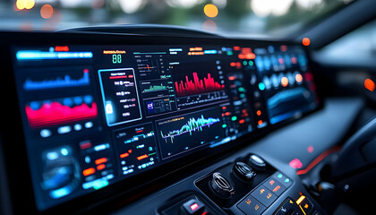 Aufkleber - A high-tech dashboard displaying various data and metrics in a modern vehicle.