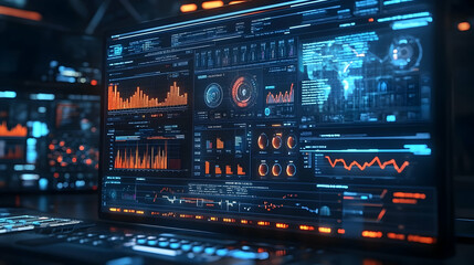 Poster - A high-tech interface displaying data analytics and visualizations on a computer screen.
