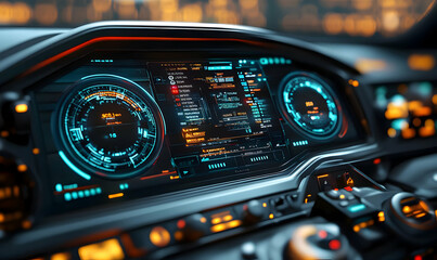 Aufkleber - Futuristic car dashboard with digital displays and controls.
