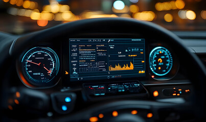 Poster - A car dashboard displaying digital controls and information in a nighttime setting.