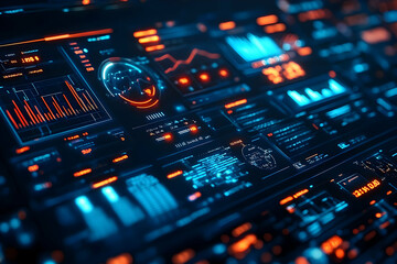 Poster - A futuristic digital interface displaying data analytics and visualizations.