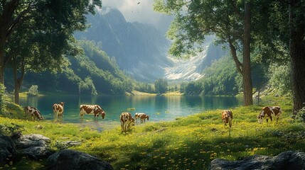 Canvas Print - Serene Mountain Lake with Cows: A Peaceful Landscape