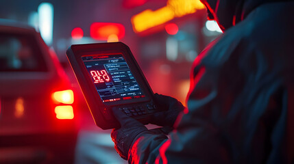 Poster - A person in a dark setting uses a device displaying red numbers, likely for monitoring.