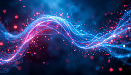 Poster - Bright blue abstract background with glowing lights, particle light, glowing particles, particle waves