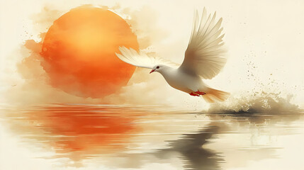 Wall Mural - White Dove Soaring Sunset Water, Tranquil Scene