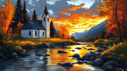 Wall Mural - Autumn Church by River: Sunset Landscape Painting