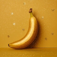 Wall Mural - A banana placed against a gold sparkly background with stars.