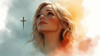 Poster - Woman Gazes Upward, Hopeful, Spiritual, Peaceful, Serene, Divine, Faith, Belief, Cross in the Sky, Heavenly