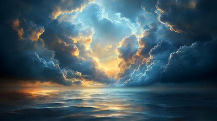 Poster - Ocean Meets Sky: Dramatic Sunset Cloudscape over Serene Waters, Breathtaking View