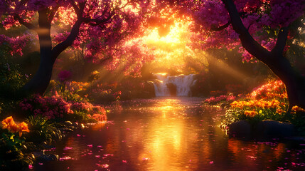 Wall Mural - Golden Sunset Waterfall, Blossoming Trees, Tranquil Pond, Serene Landscape, Magical Garden