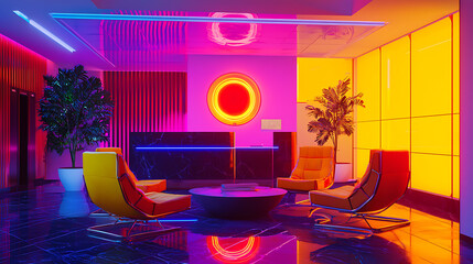 Wall Mural - A neon colored room with a red circle on the wall