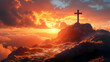 © Siasart Studio - Sunset Cross on Mountaintop: Scenic View, Faith, Hope, Spiritual, Sky, Clouds, Peace, Tranquility