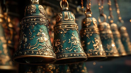 Wall Mural - Ornate Teal and Gold Bells: Cultural and Religious Decor