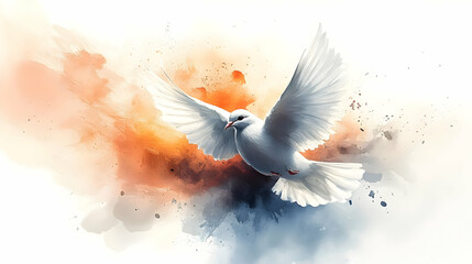 Wall Mural - White Dove Soaring, Wings Spread Wide, Peaceful Flight, Abstract Watercolor, Spiritual Symbol