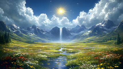 Canvas Print - Serene Valley: Waterfall, Wildflowers, Sunny Sky, Majestic Mountains, Tranquil River