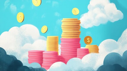 Poster - Stacks of Coins Surrounded by Clouds and Floating Money Icons