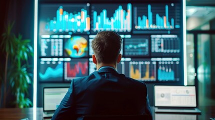 Poster - Business professional analyzing financial data on digital screen with graphs, statistics, and analytical tools in modern office environment