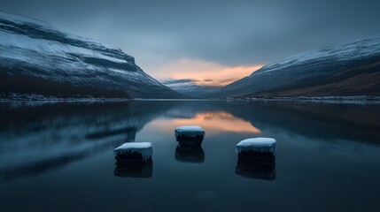 Poster - Serene winter landscape snow-capped mountains reflected in calm lake with three icy rocks.