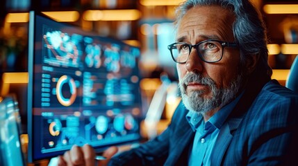 Poster - Contemplative middle-aged man analyzing data on computer screen in a modern office environment with vibrant digital graphics for business decision-making