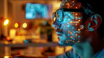Poster - Profile of a Young Man with Glasses and Digital Overlay of Data Streams, Representing Technology, Innovation, and Future Concepts in a Modern Setting
